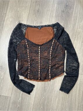 dELiA*s Black Lace Overlay Brown Long-Sleeve Blouse